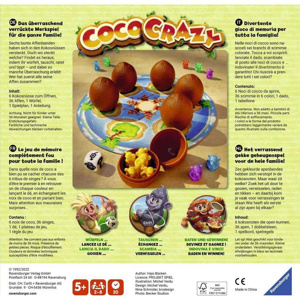 Gioco "Coco Crazy": 6 noci di cocco, 36 scimmie, 1 dado, tabellone.