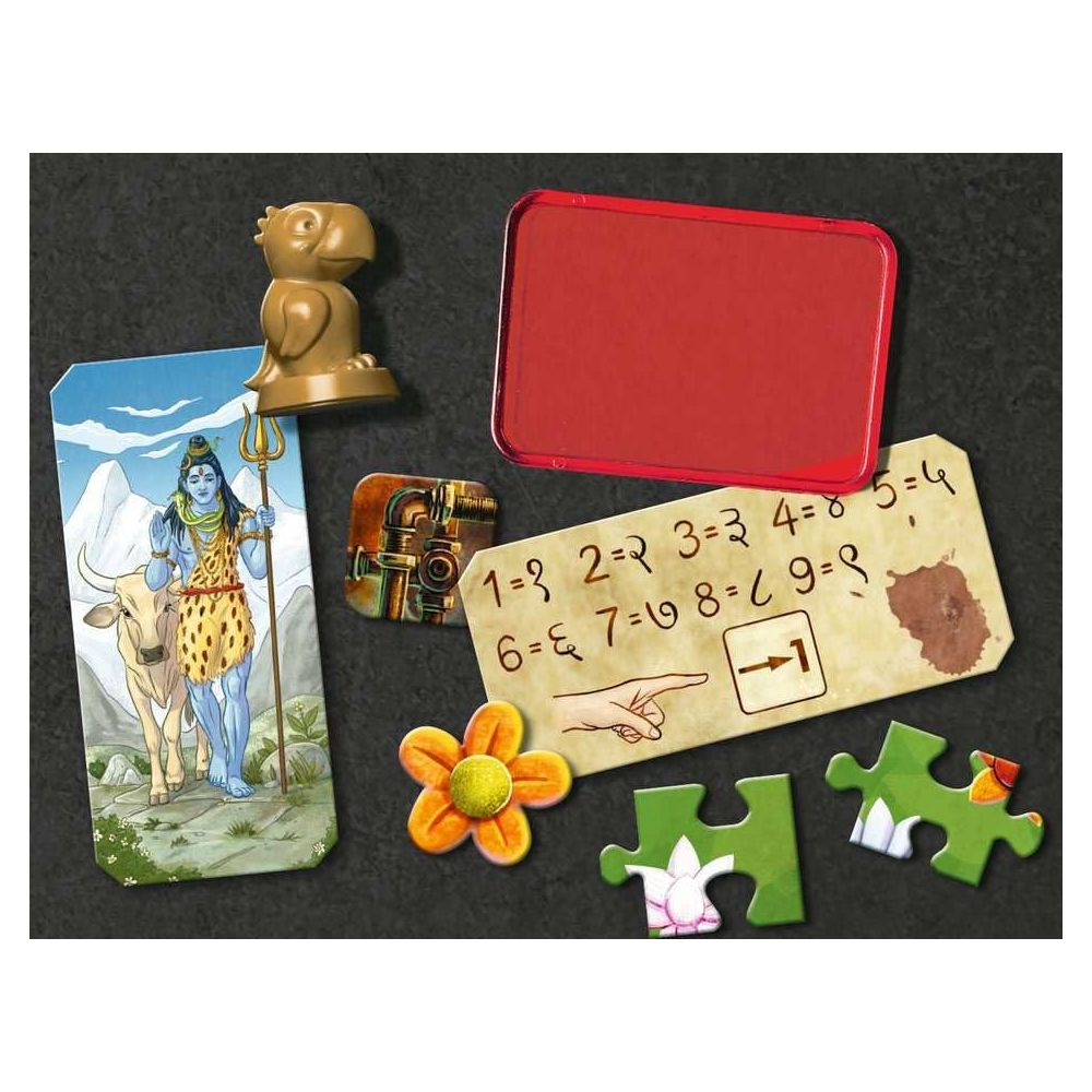 Spielsteine mit Hindu-Gott, Rote Box, Blumen, Rätsel und Zahlen