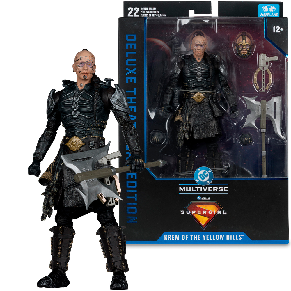 Action figure Krem of the Yellow Hills di McFarlane Toys con ascia, accanto alla confezione.