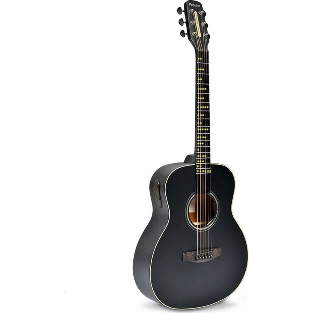 Guitare acoustique noire avec cordes et manche sur fond blanc.