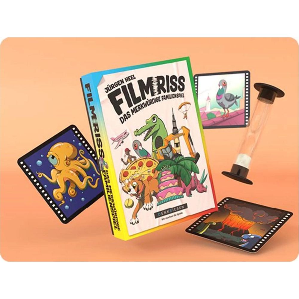 Spielkarten, Brettspiel-Box mit Dinosauriern, Krokodil und Pizza. Ein Sanduhr-Timer.