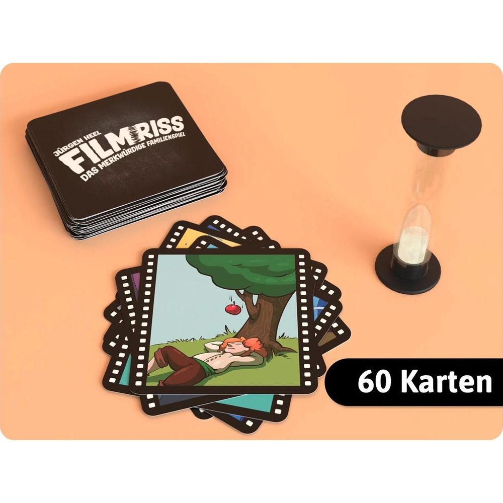 Ein Stapel Karten mit "FILMRISS" und eine Sanduhr auf orangefarbenem Hintergrund.