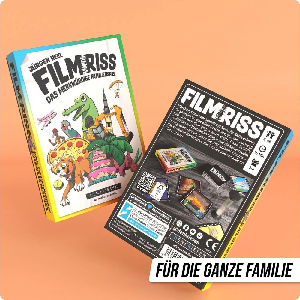 Zwei Spielkartons für das Spiel Filmriss, eines mit bunter Illustration, das andere mit Rückseitenansicht.