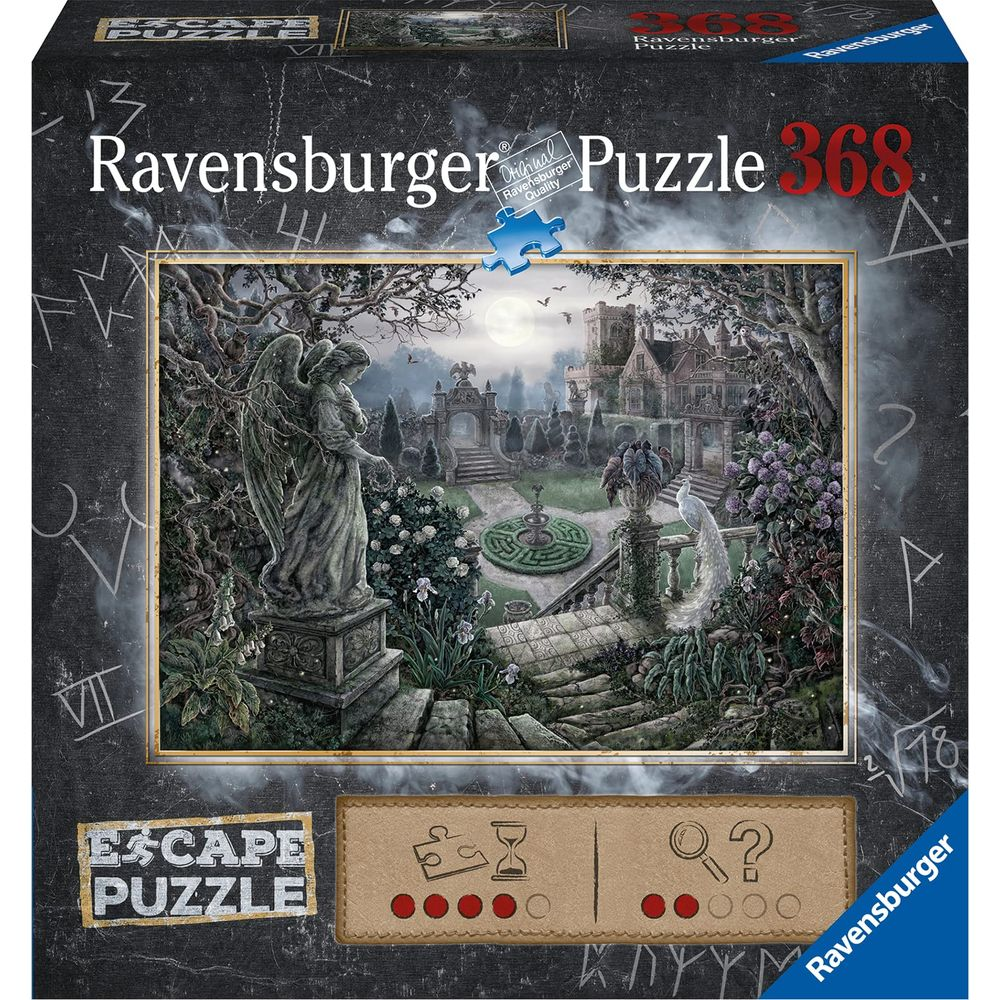 Ravensburger Escape Puzzle: Gruseliges Villengarten mit Engelsstatue, Brunnen und Pfau.