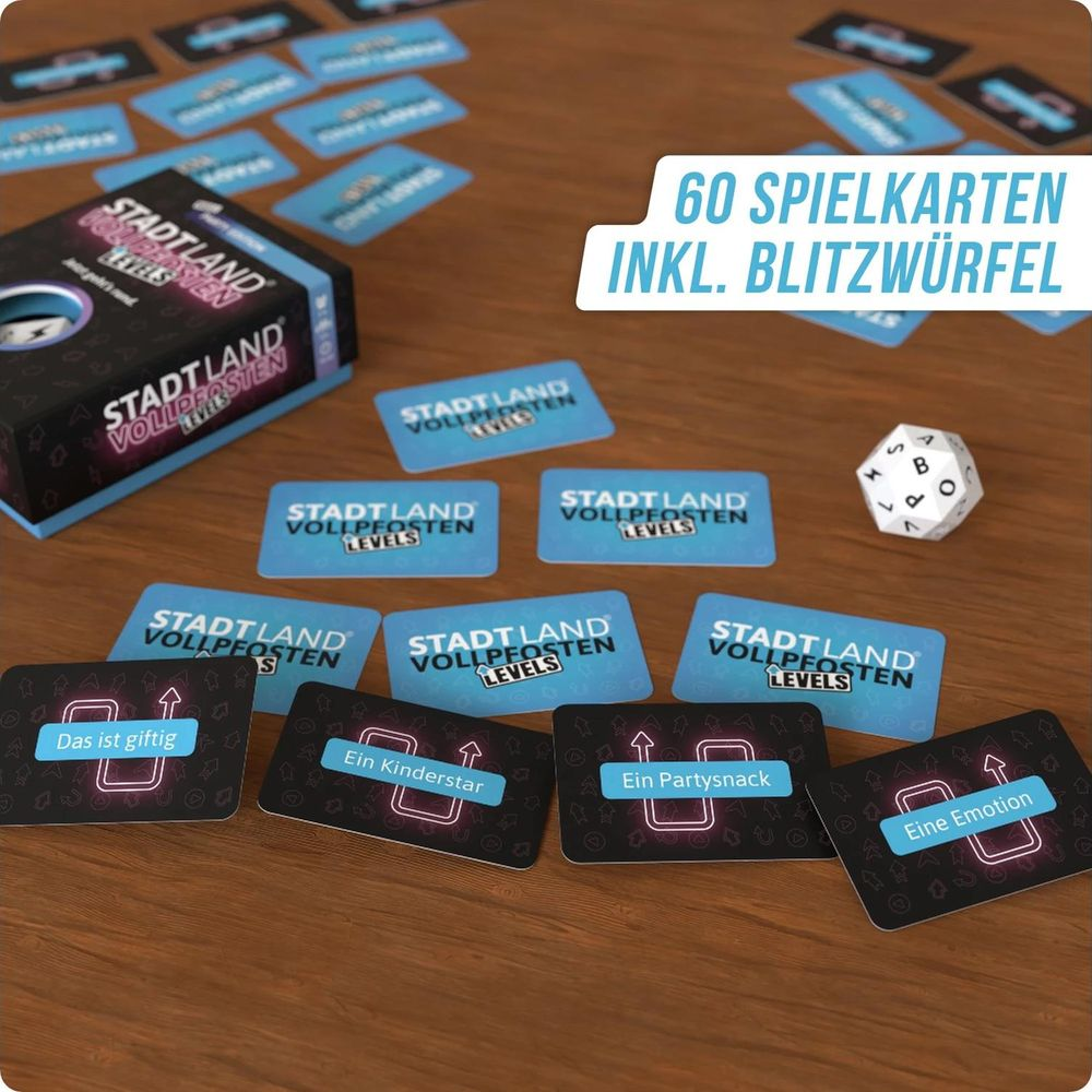 Spielkarten mit "Stadt Land Vollpfosten" Schriftzug, ein Würfel und Spielanleitung.
