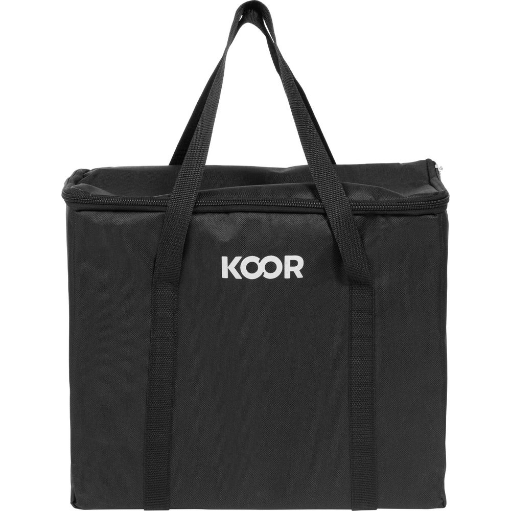 Una borsa tote nera KOOR con due cinghie nere e chiusura a zip.