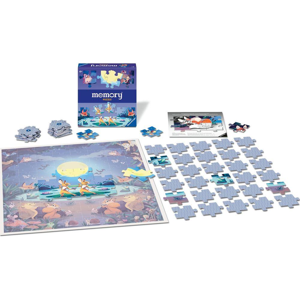 Gra Memory Ravensburger o tematyce lisa, z planszą i elementami puzzli.