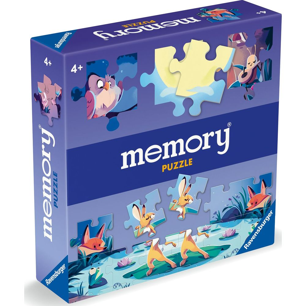 Pudełko Memory Puzzle Ravensburger, wiek 4+, z sową, królikami i lisem.