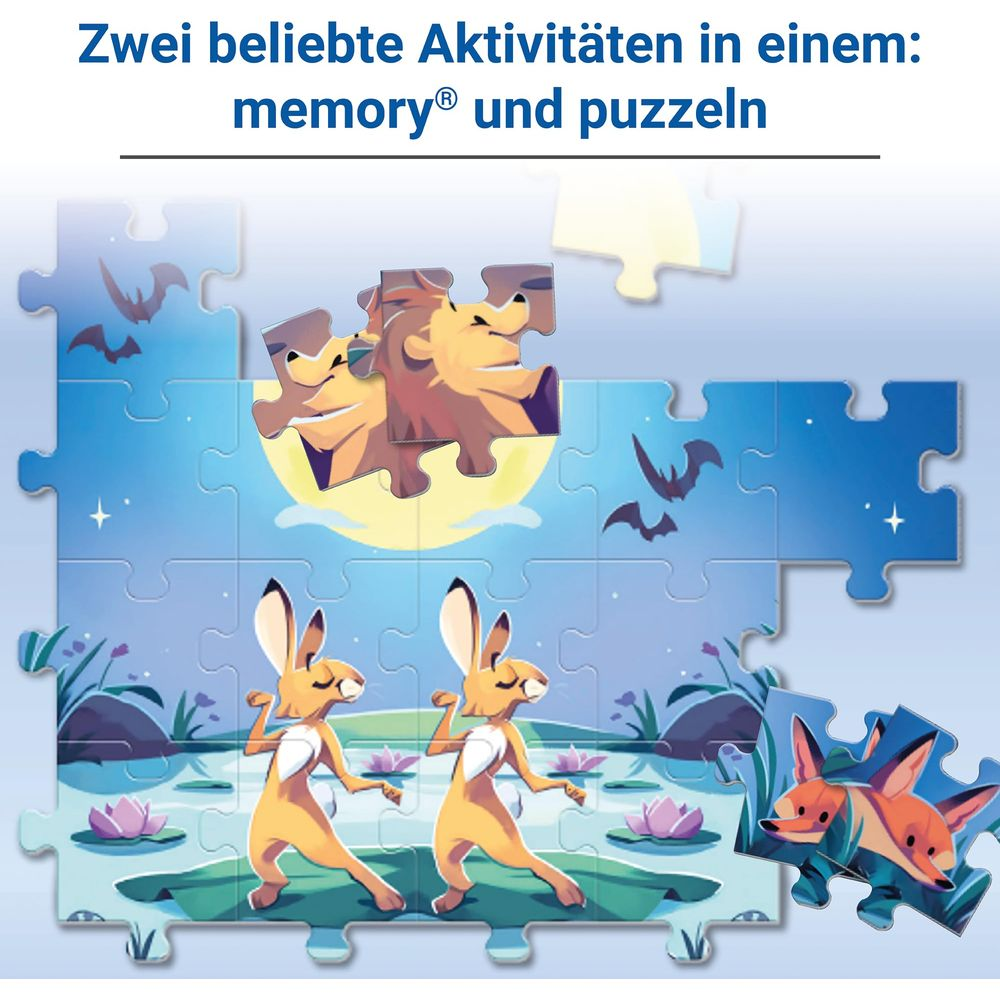 Pokazuje króliki nad wodą, głowę lwa i lisiątka na puzzlach.