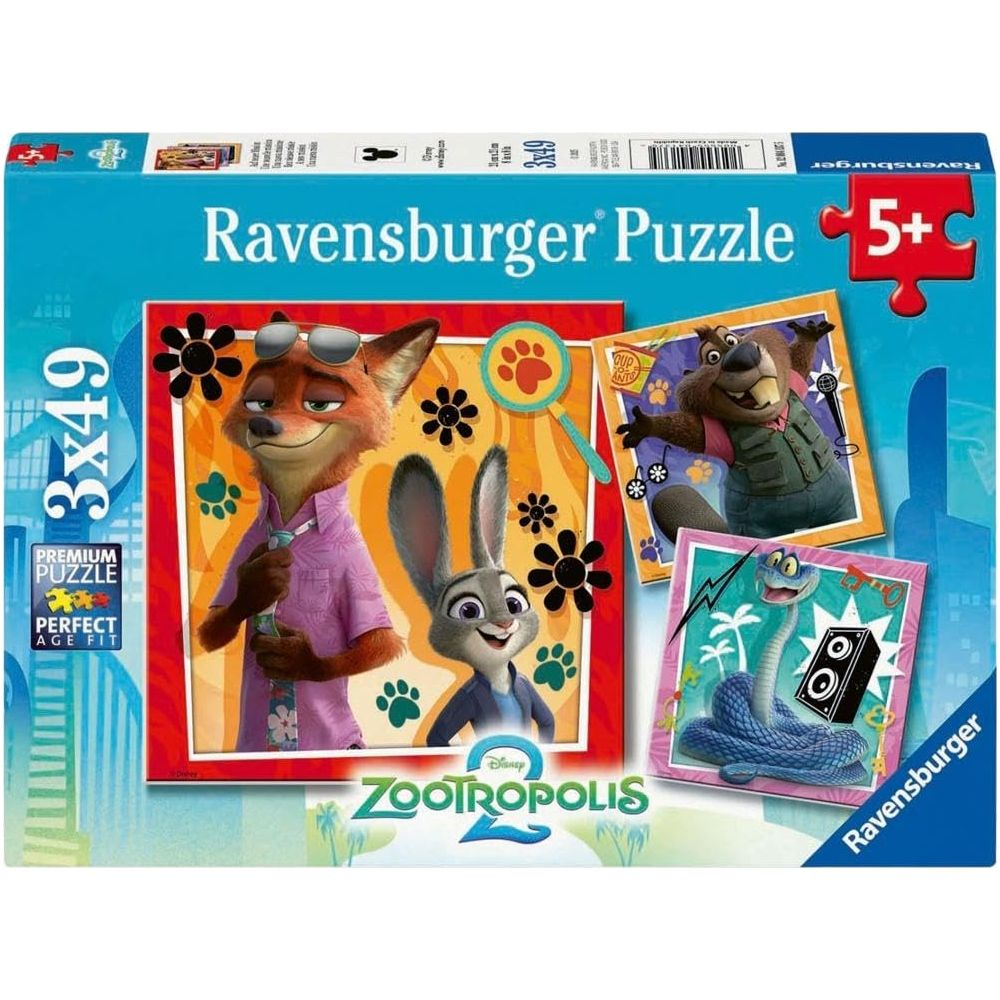 Scatola puzzle Ravensburger con personaggi di Zootopia: volpe, coniglio, castoro e serpente.