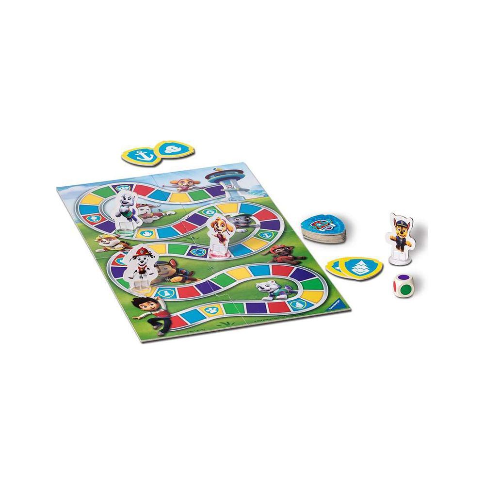 Paw Patrol bordspel met pionnen, dobbelsteen en speelbord.