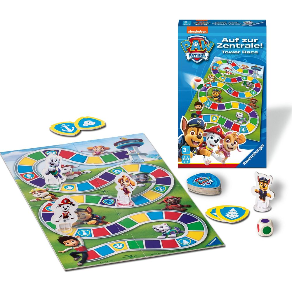 Paw Patrol bordspel met speelfiguren, dobbelsteen en kaarten op groene achtergrond.