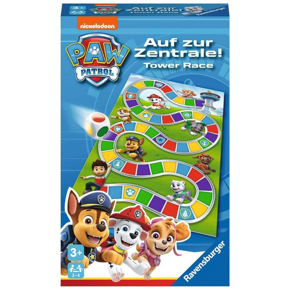 Paw Patrol bordspel: Torenrace met speelfiguren en spelbord.
