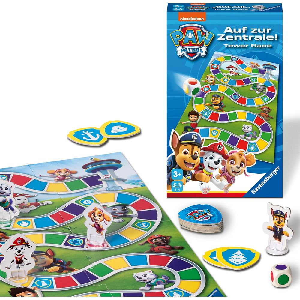 Paw Patrol Torenrace bordspel met personages, dobbelstenen en kleurrijk pad.