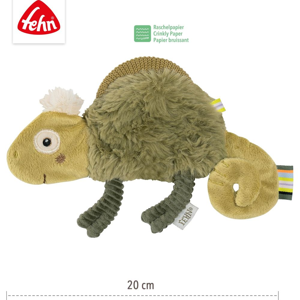Ein weiches, khaki-farbenes Plüschtier in Chamäleonform mit gerippten Beinen und einem aufgerollten Schwanz.