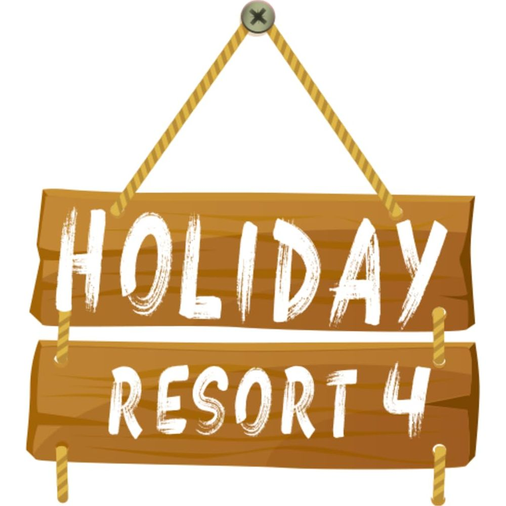 Panneau en bois avec 'HOLIDAY RESORT 4' en lettres blanches.