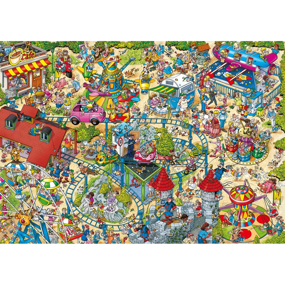 Un parc d'attractions animé avec des montagnes russes, des carrousels et beaucoup de monde.