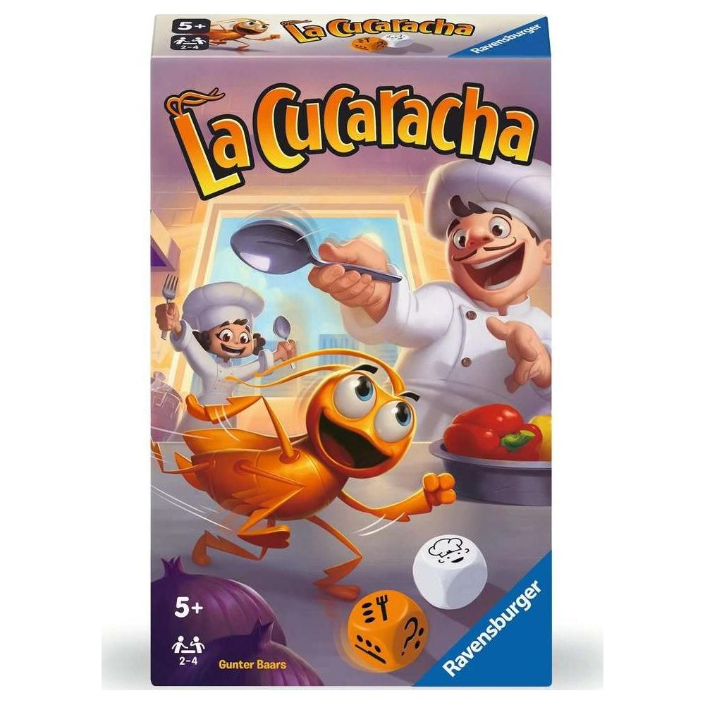 Cucaracha de dibujos animados huye de un chef con cuchara. Juego Ravensburger.