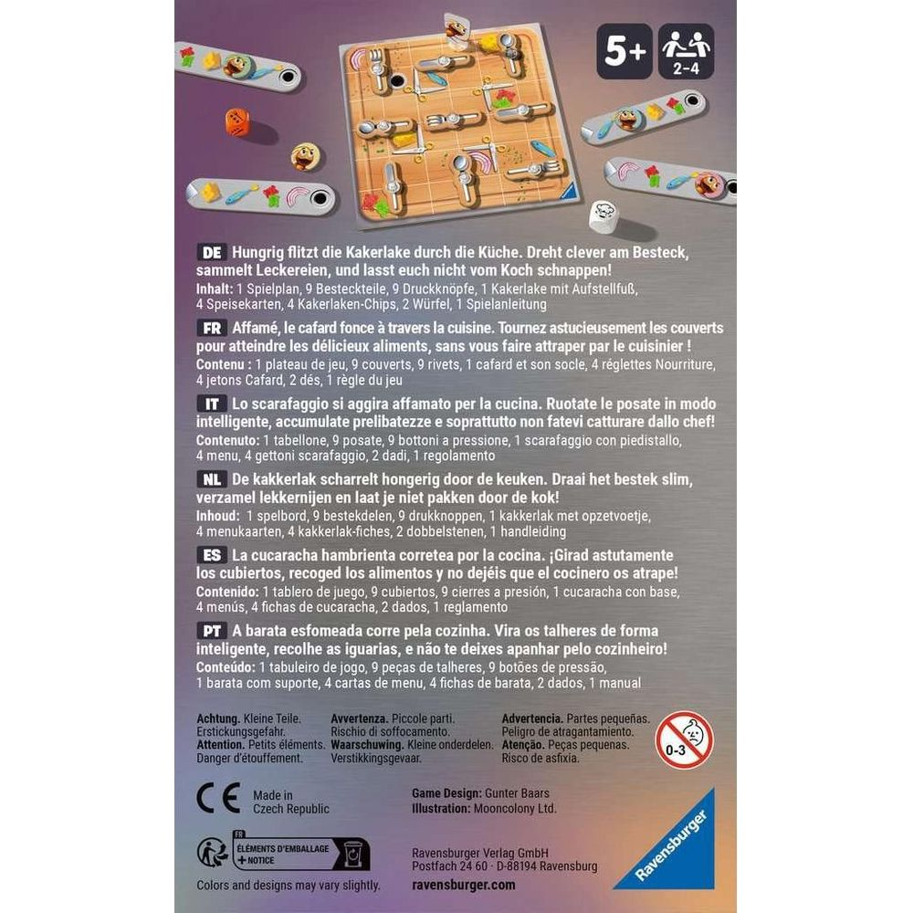 Tablero de juego con cucaracha y piezas de cubiertos. Edad 5+, 2-4 jugadores.
