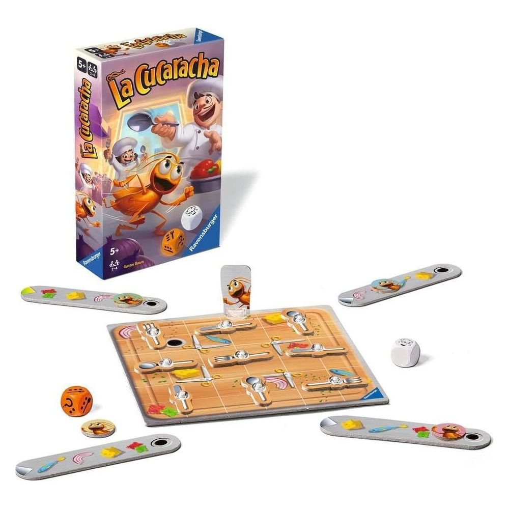 Juego de mesa 'La Cucaracha' con hormiga, chef, dados y tablero.