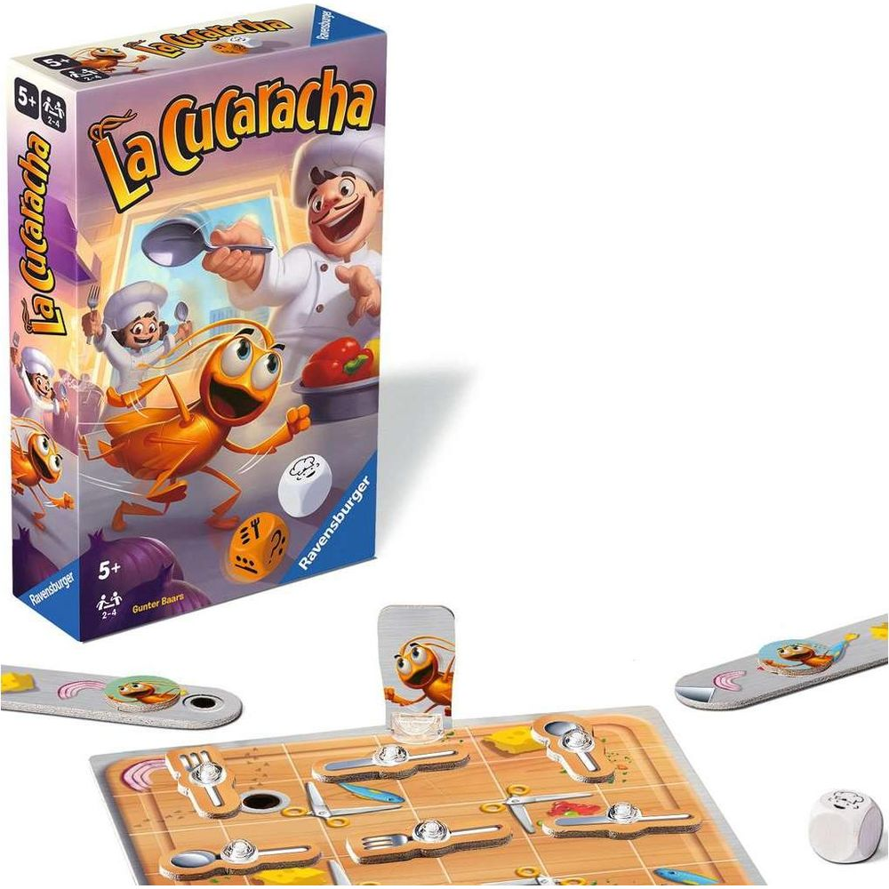 Caja y piezas del juego de mesa "La Cucaracha". Hormigas, chefs y tablero temático.
