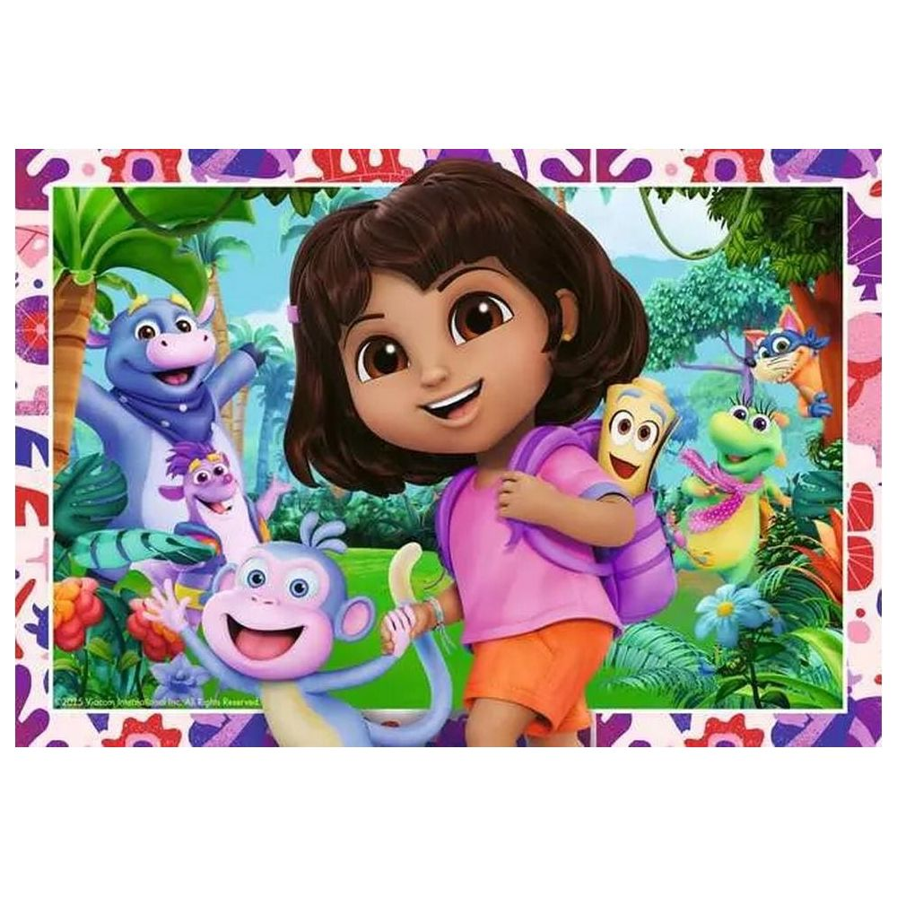 Dora und ihre Freunde in einem bunten Dschungel. Sie lachen und halten Bananen.