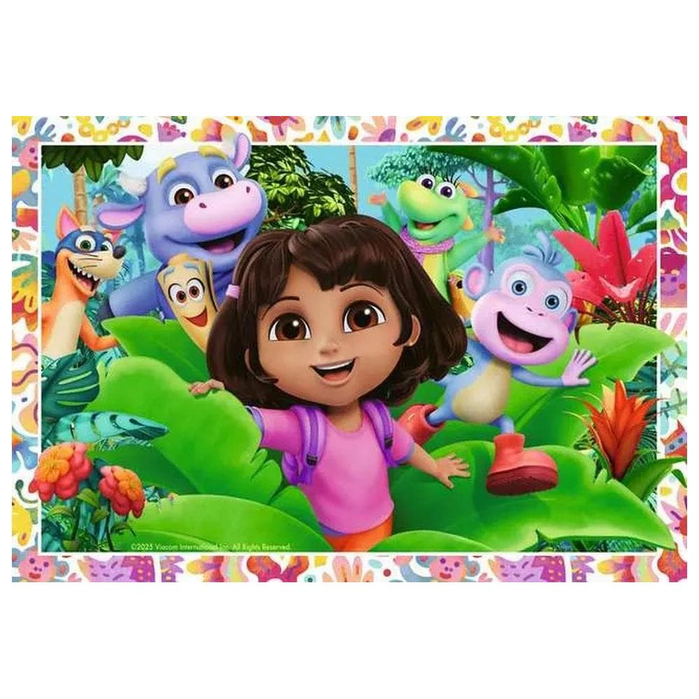 Dora und ihre Freunde in einem dschungelartigen Umfeld mit bunten Pflanzen.