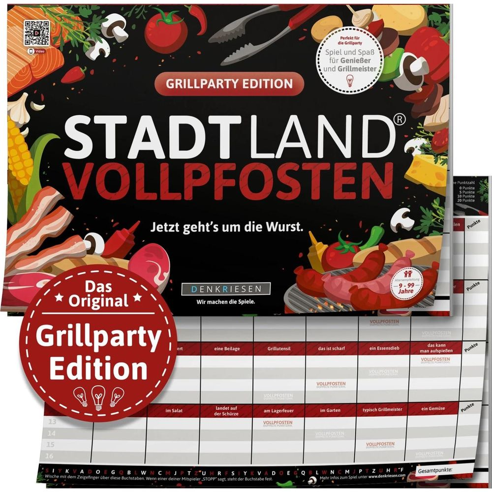 Brettspiel mit Grill-Thema: Würstchen, Gemüse, Grillbesteck, Spielbrett und Punkteübersicht.