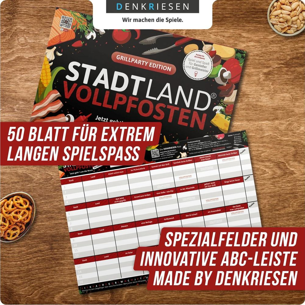 Spielbrett für Stadt Land Vollpfosten, Grillparty Edition. Text: 50 Blatt für extremen Spielspaß.