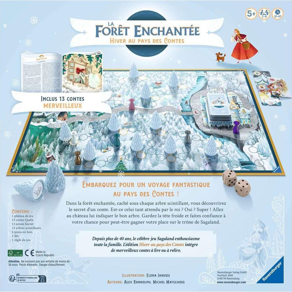 Brettspiel "Die verzauberte Wald" mit Winterthema, Figuren, Würfeln und Spielbrett.