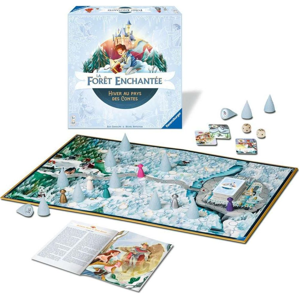 Brettspiel mit Märchenschloss-Motiv, Spielfeld, Figuren und Spielanleitung.