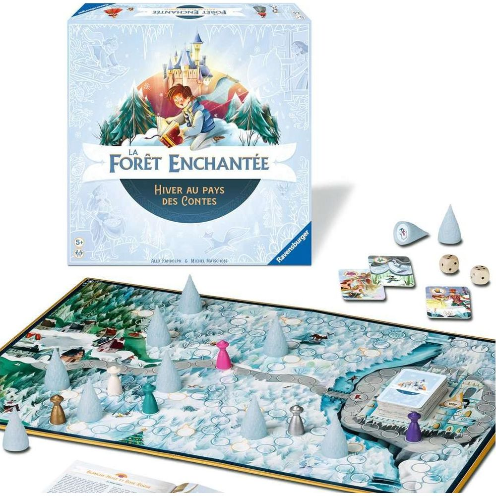 Brettspielbox und Spielbrett für das Spiel 'La Forêt Enchantée' mit Märchenfiguren und Würfeln.