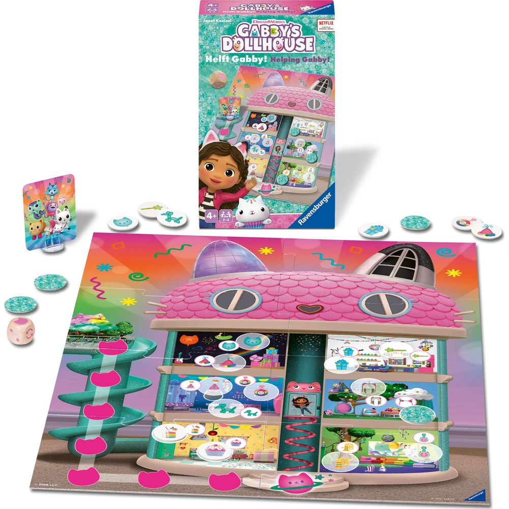 Gabby's Dollhouse Brettspiel mit bunten Spielsteinen und Spielbrett.