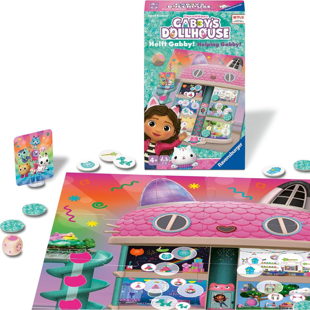 Gabby's Dollhouse Brettspiel mit Figuren, Spielfiguren und Spielbrett.