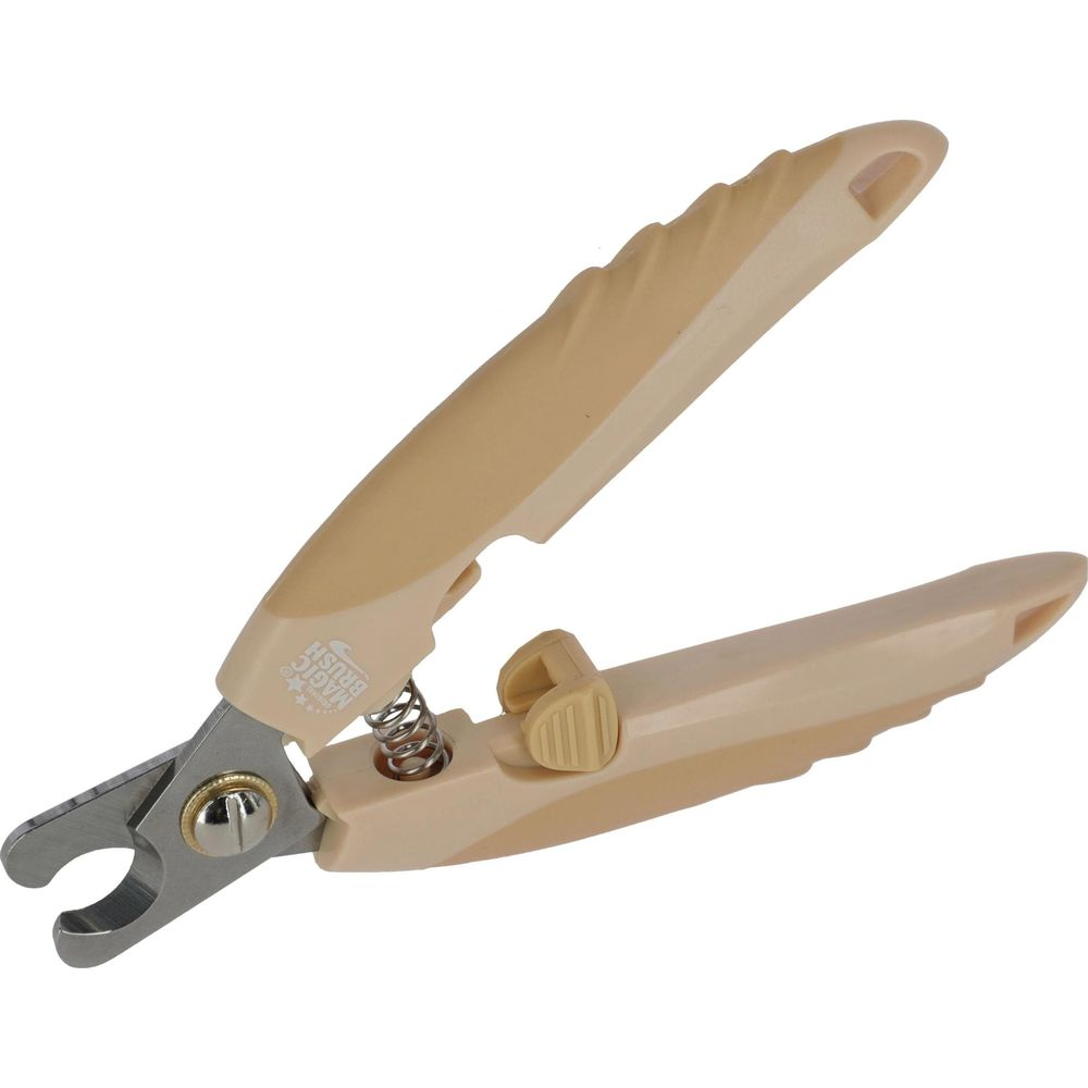 Un tagliaunghie beige con lame metalliche e molla.