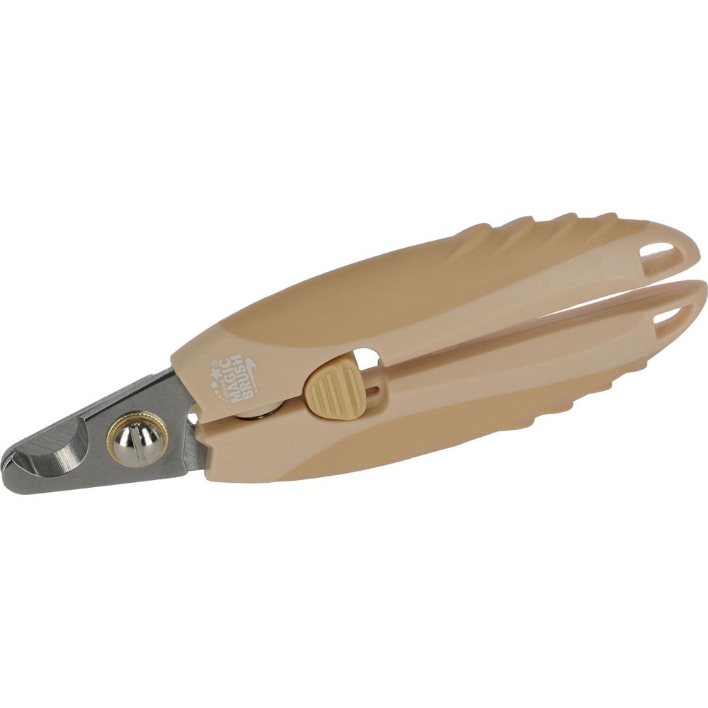 Un tagliaunghie beige con lame argentate e un fermo.