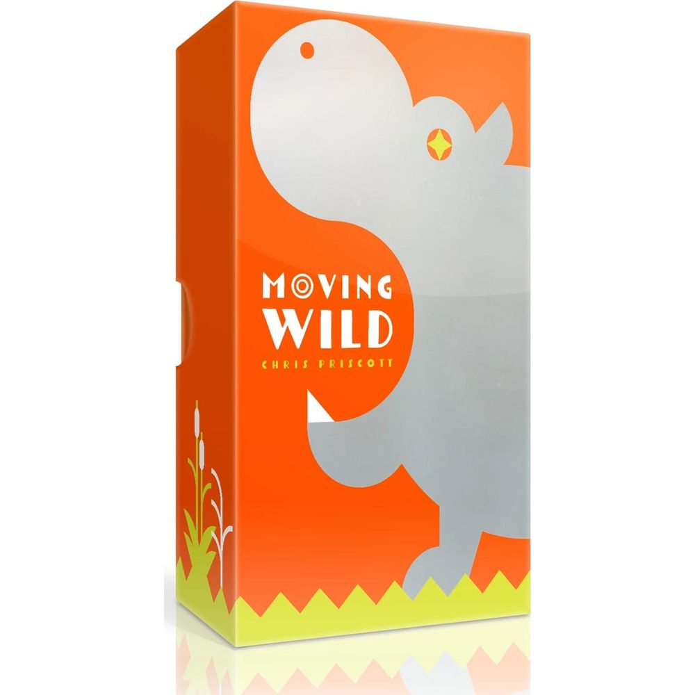 Orangefarbene Box mit einem stilisierten grauen Nilpferd und dem Titel 'MOVING WILD'.