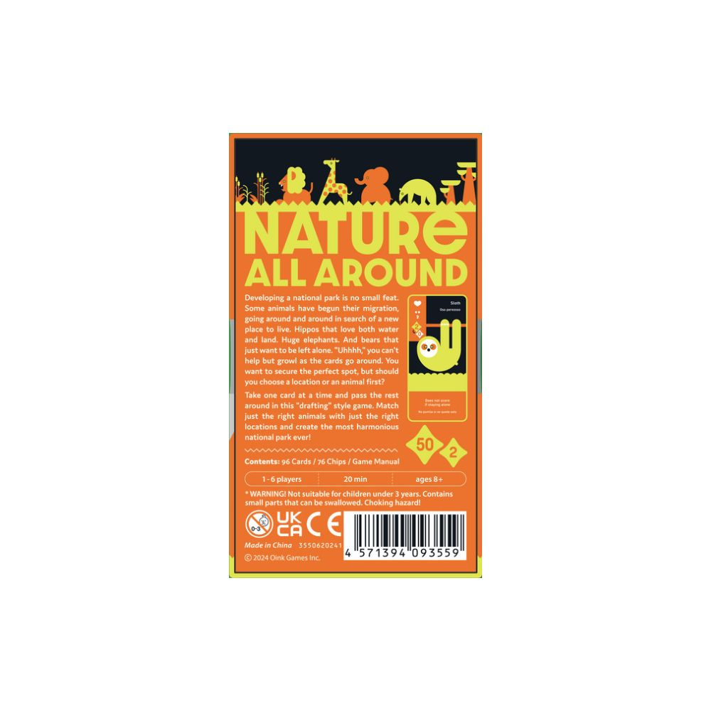 Spielverpackung mit Tieren, Text 'NATURE ALL AROUND', Spielregeln und Altersangabe 8+