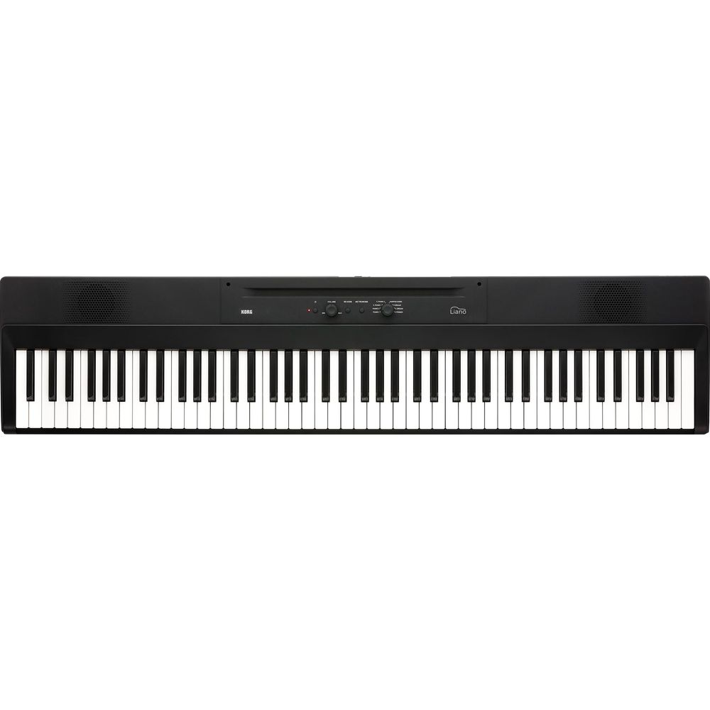 Ein schwarzes Korg Digitalpiano mit weißen und schwarzen Tasten, Bedienelementen oben.