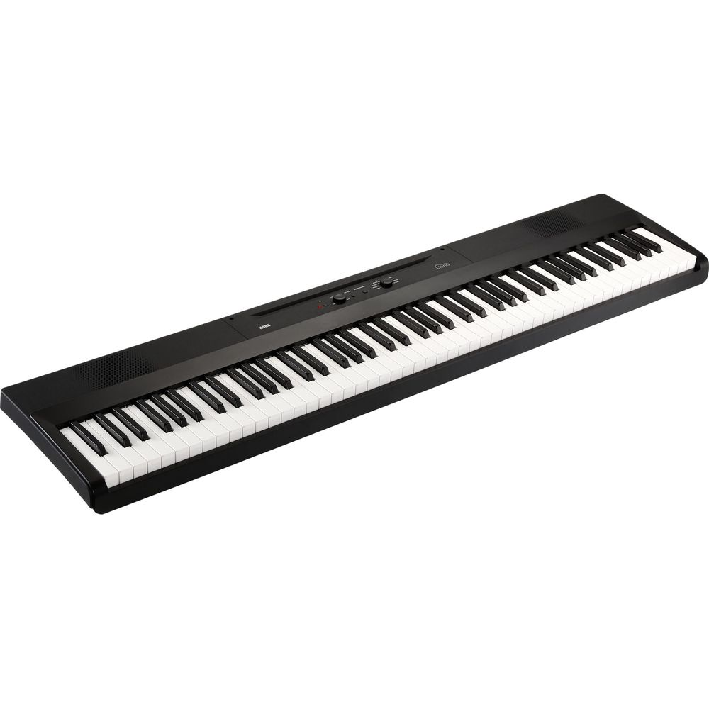 Ein schwarzes Digitalpiano mit vielen weißen und schwarzen Tasten.