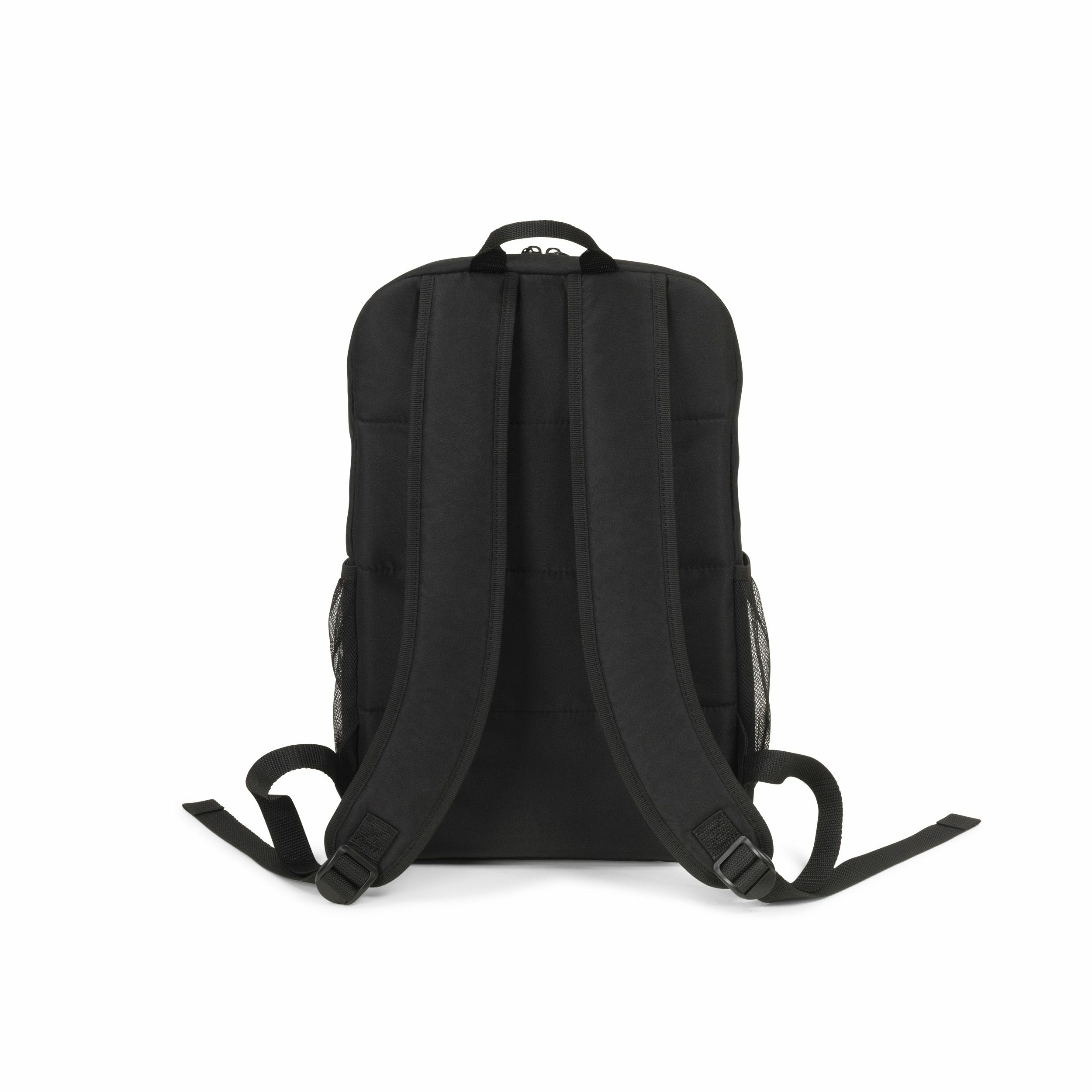 Rückansicht eines schwarzen Rucksacks mit gepolsterten Trägern und Netztaschen.