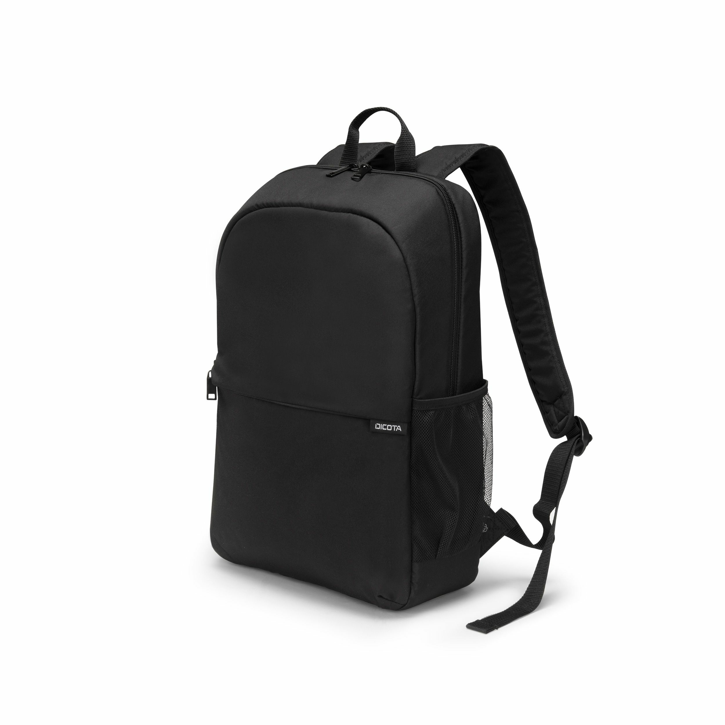 Ein schwarzer Rucksack mit einem Netzseitenfach und dem Dicota-Logo.
