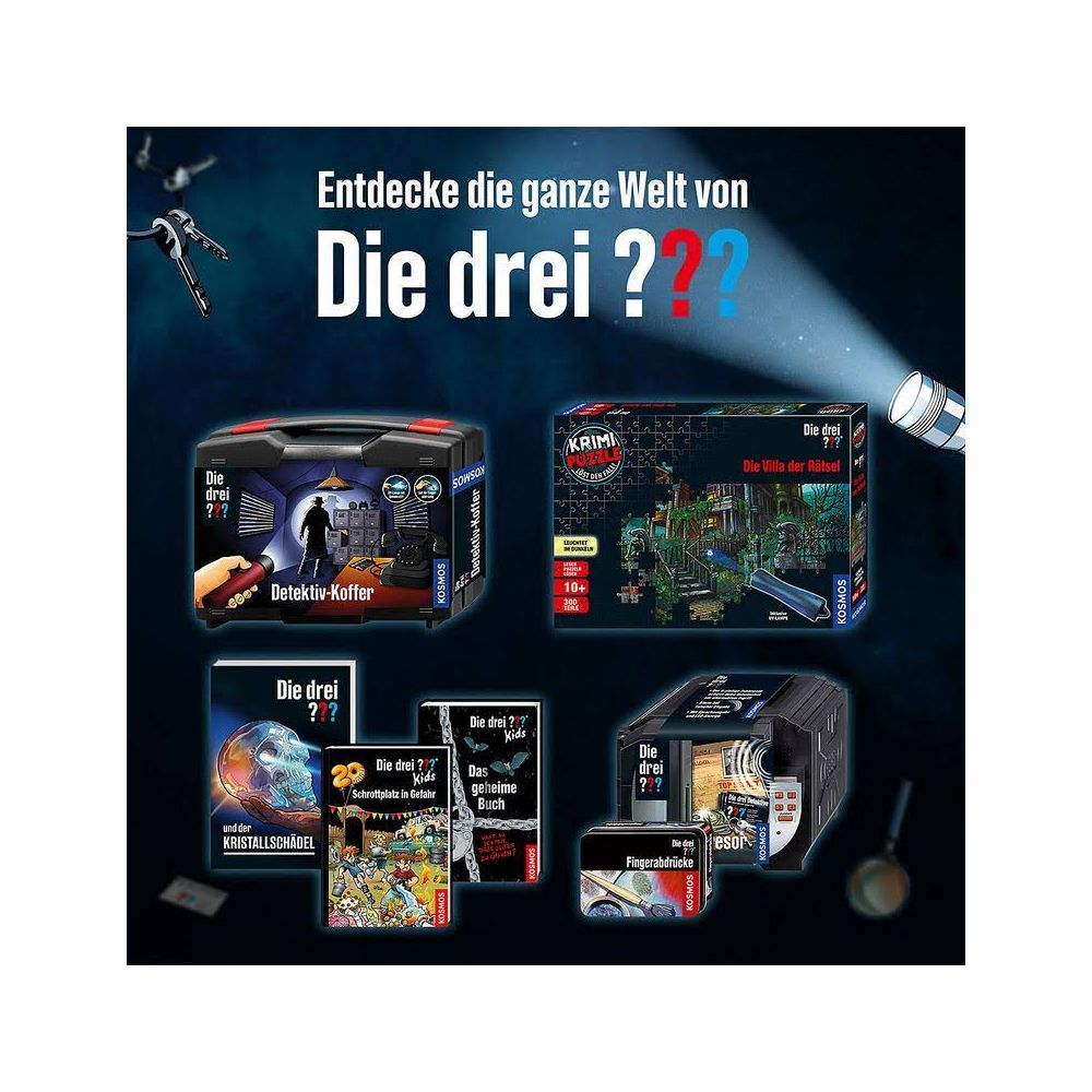 La collezione di giochi investigativi dei Tre Investigatori: valigetta, puzzle, libro e altro.
