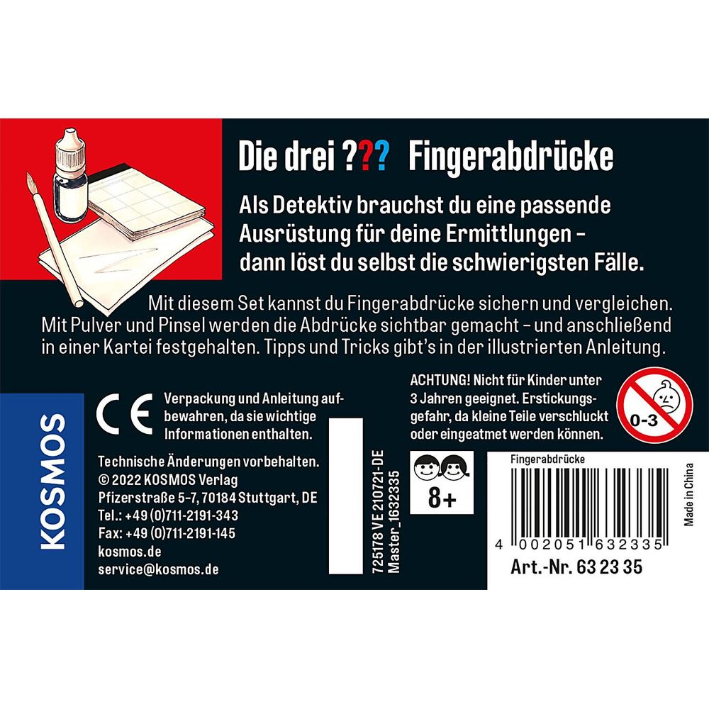Set impronte digitali Kosmos con istruzioni, pennello e polvere per giochi investigativi 8+.