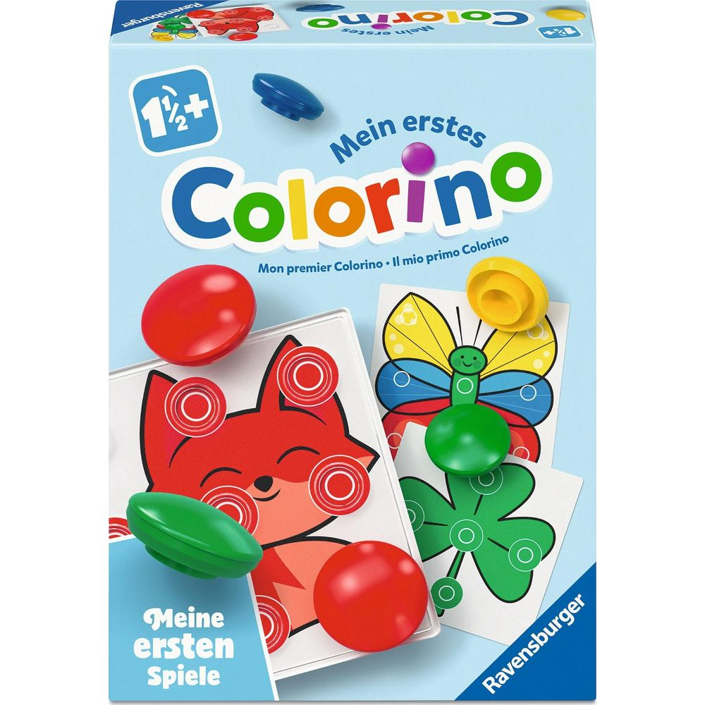 Gioco Ravensburger Colorino con pioli colorati e carte animali.