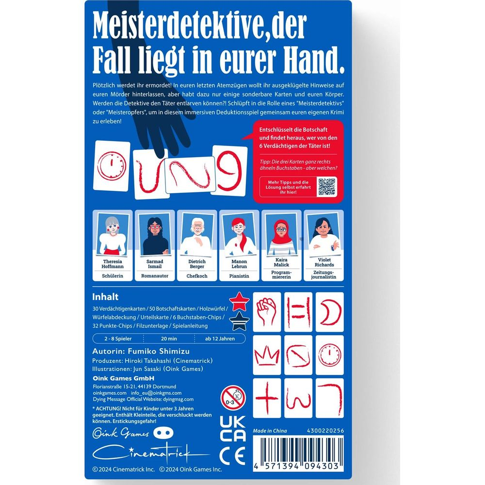 Brettspielbox mit Spielernamen, Spielbeschreibung und Spielsymbolen.