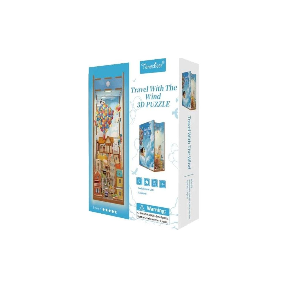3D-Puzzle "Travel With The Wind" mit Häusern, Ballons, Warnhinweis.