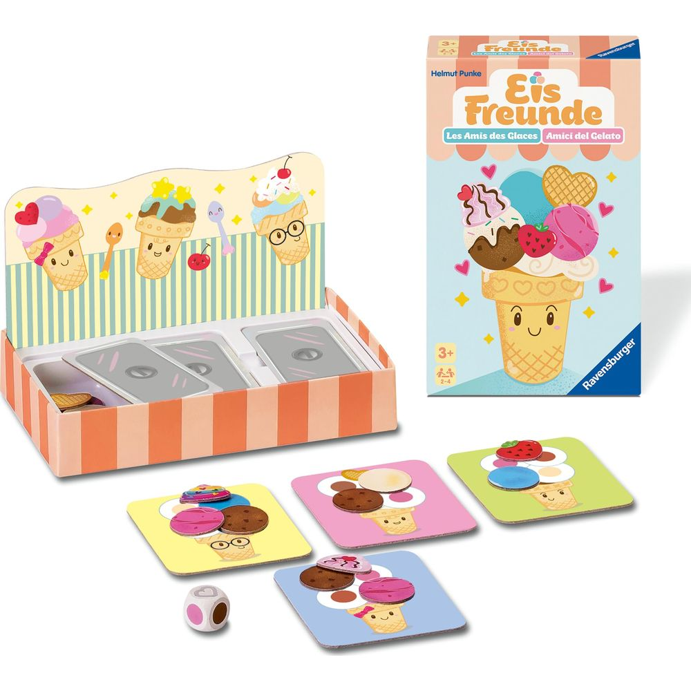 Ein Brettspiel mit Eiscreme-Motiven, Karten und Würfel.