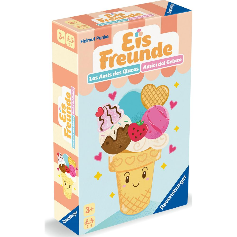 Brettspiel-Box mit Eisbecher-Motiv, bunten Kugeln und Herzen.