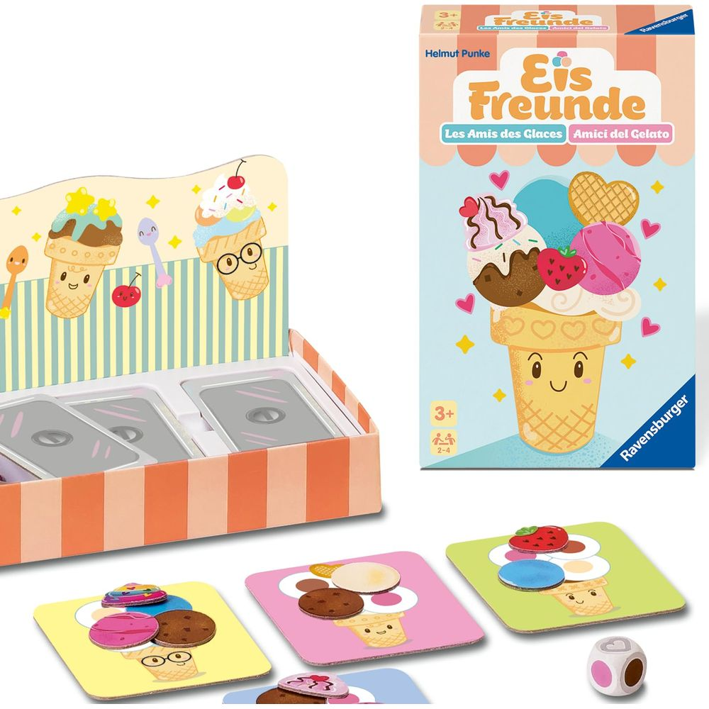 Spielverpackung und Teile mit Eiscreme-Motiven, darunter eine Eiswaffel mit Toppings.